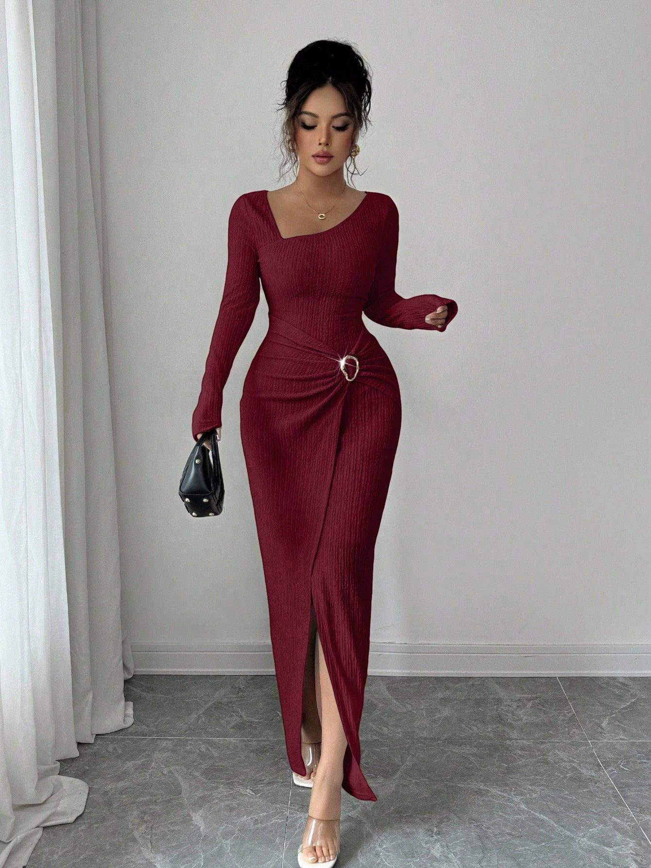 ✨ Рокля макси от вълна и лиосел с набрана странична талия ✨