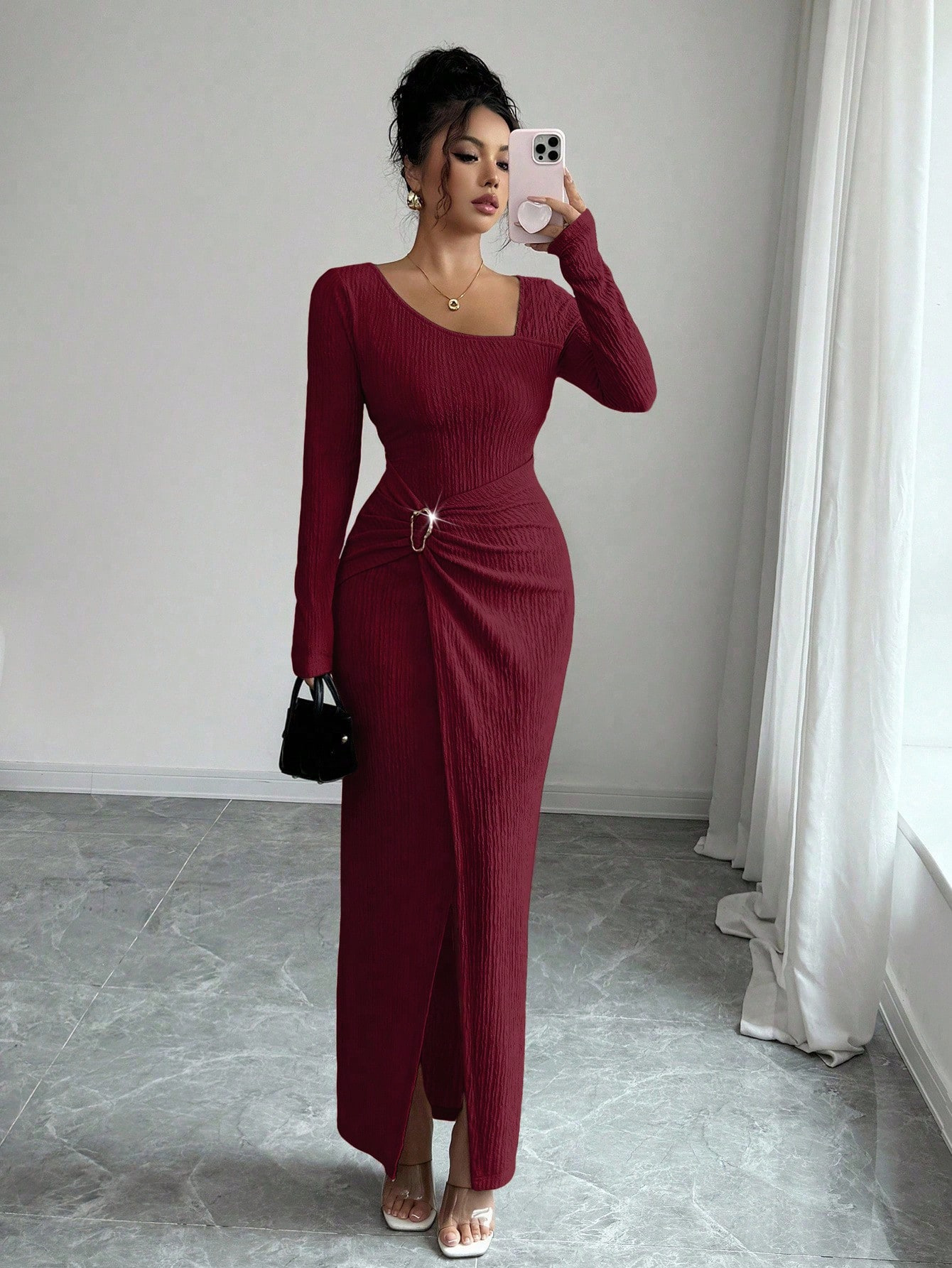 ✨ Рокля макси от вълна и лиосел с набрана странична талия ✨