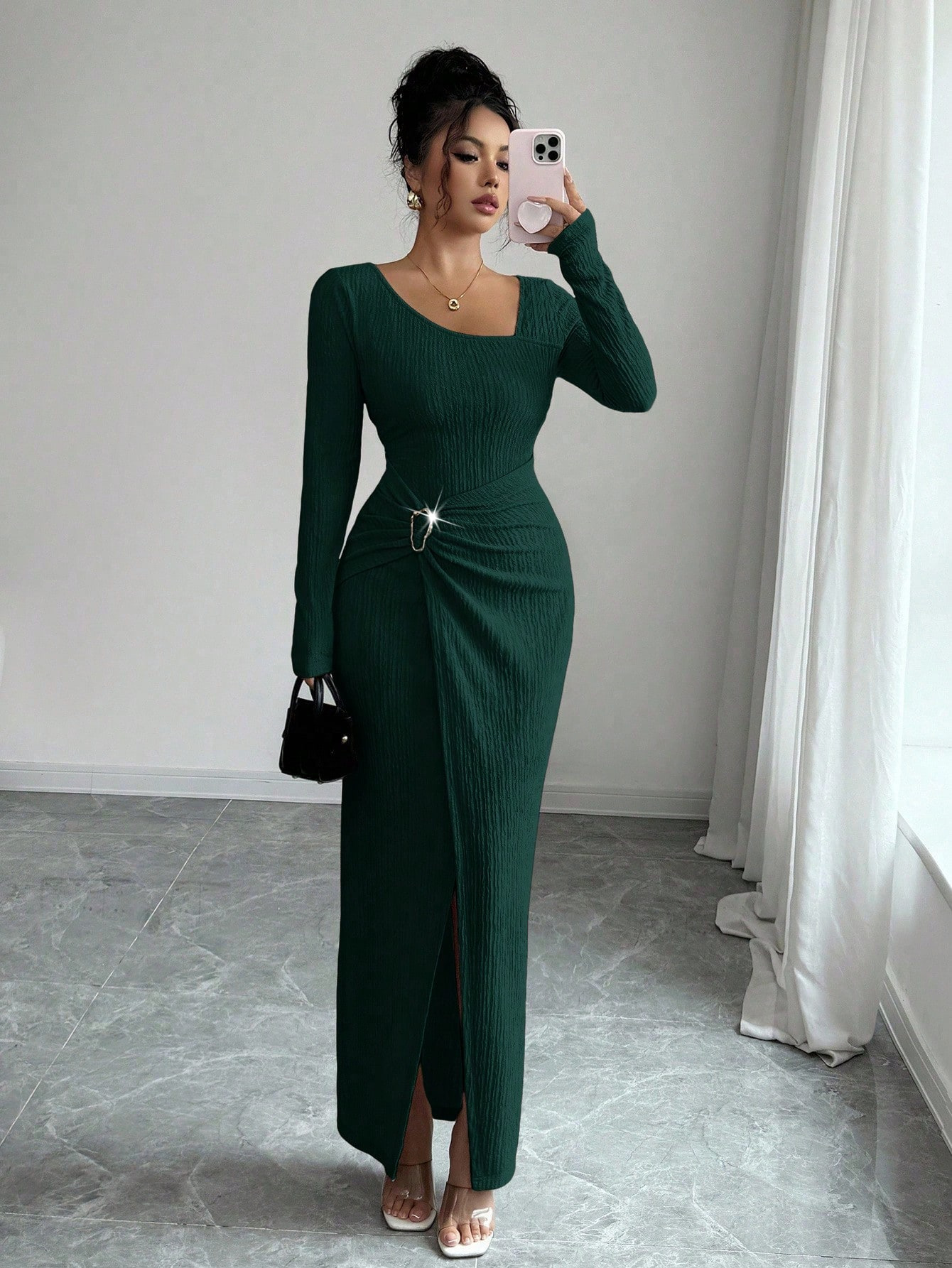 ✨ Рокля макси от вълна и лиосел с набрана странична талия ✨