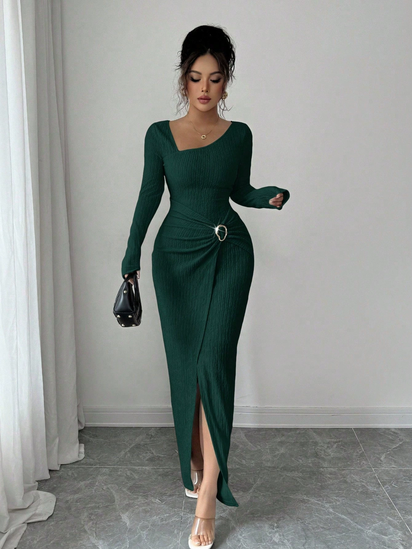 ✨ Рокля макси от вълна и лиосел с набрана странична талия ✨