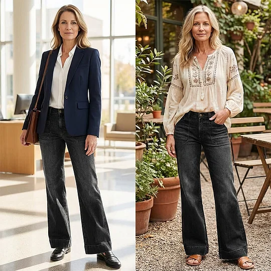 📢📢 50% ОТСТЪПКА!! ⏰ Ретро дамски дънки с широк крачол и джобове ✨