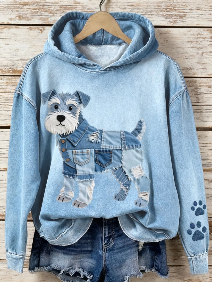 Women's Denim Patchwork Art Pet Pattern Hoodie