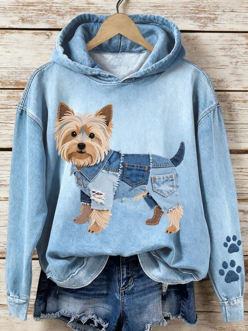 Women's Denim Patchwork Art Pet Pattern Hoodie