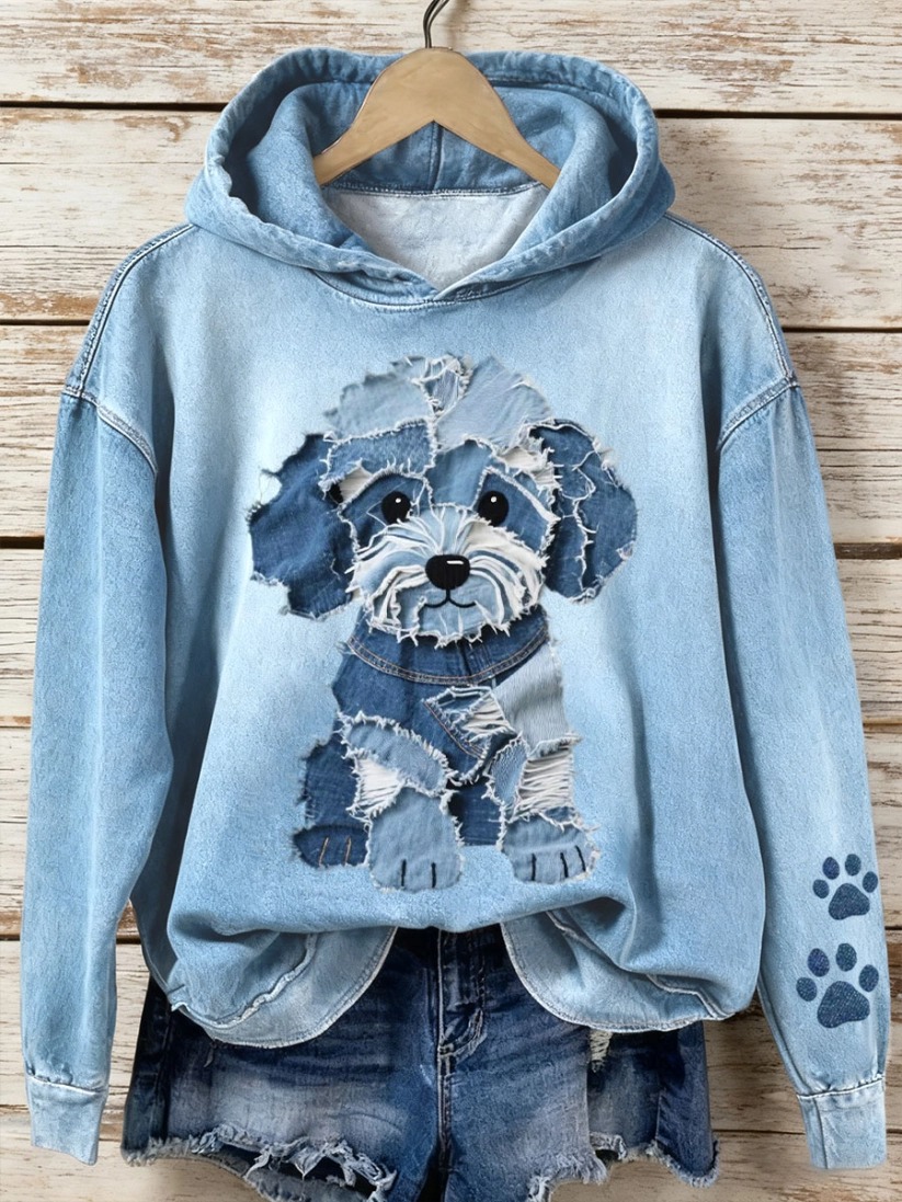 Women's Denim Patchwork Art Pet Pattern Hoodie