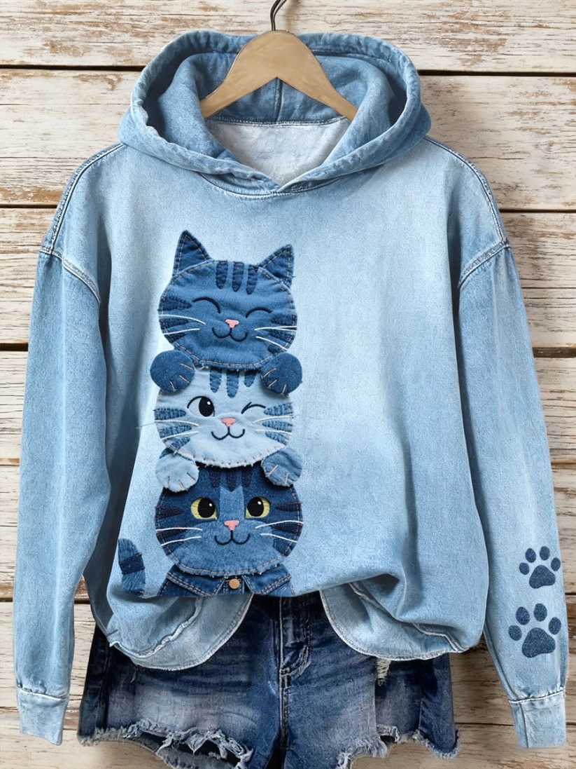 Women's Denim Patchwork Art Pet Pattern Hoodie
