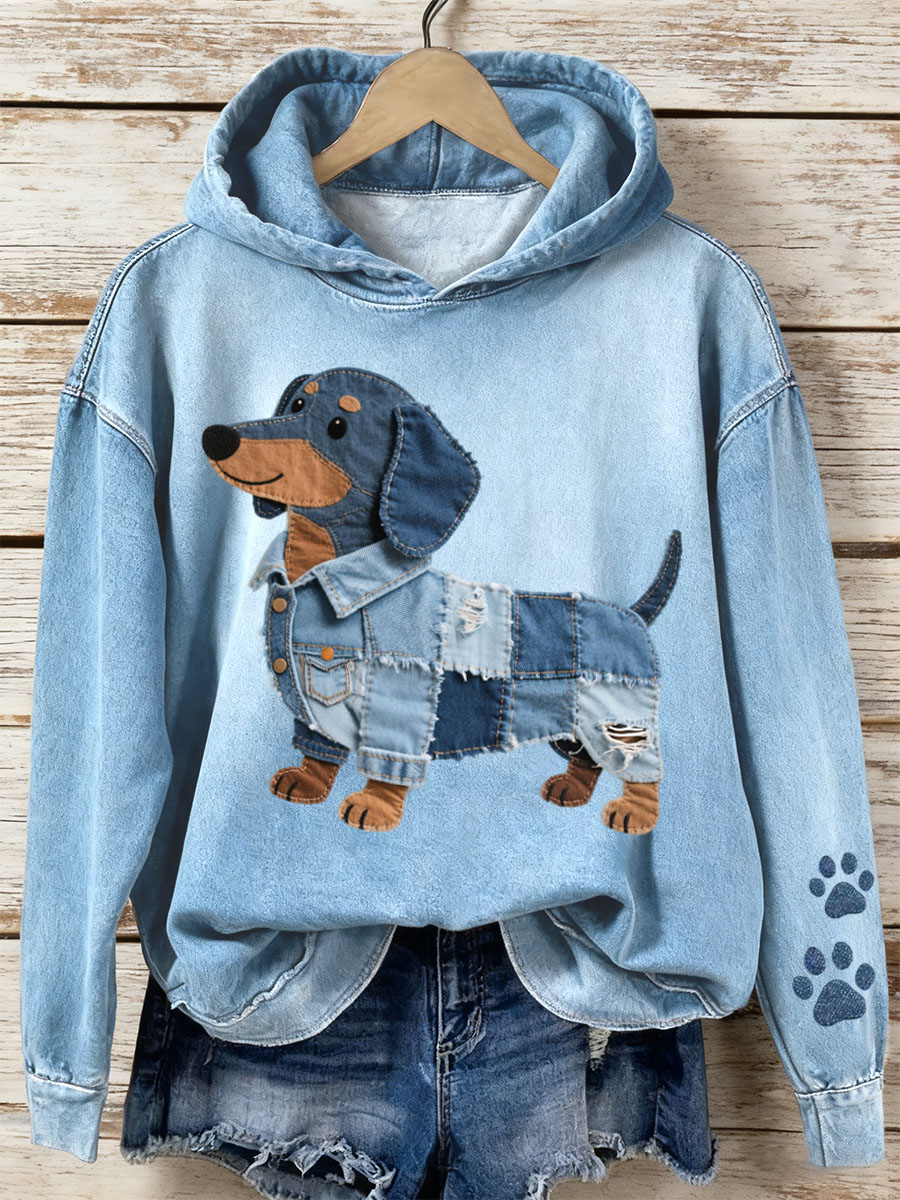 Women's Denim Patchwork Art Pet Pattern Hoodie