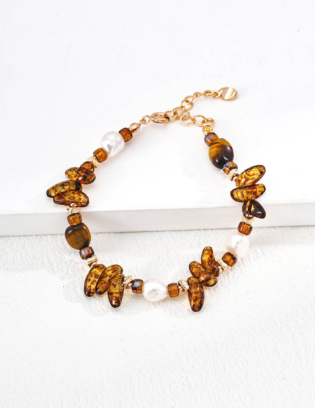 S925 sterling silver vintage bracelet with natural pearls, Czech glass beads, and tiger's eye stones.