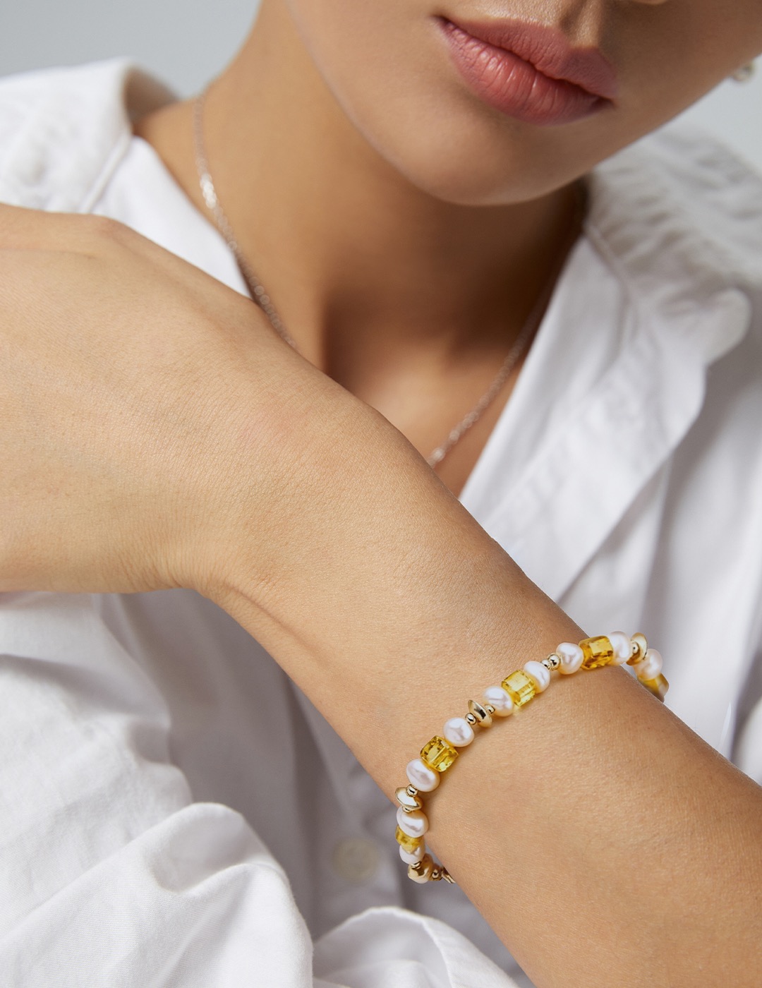 S925 Sterling Silver Natural Amber and Champagne Pearl Bracelet