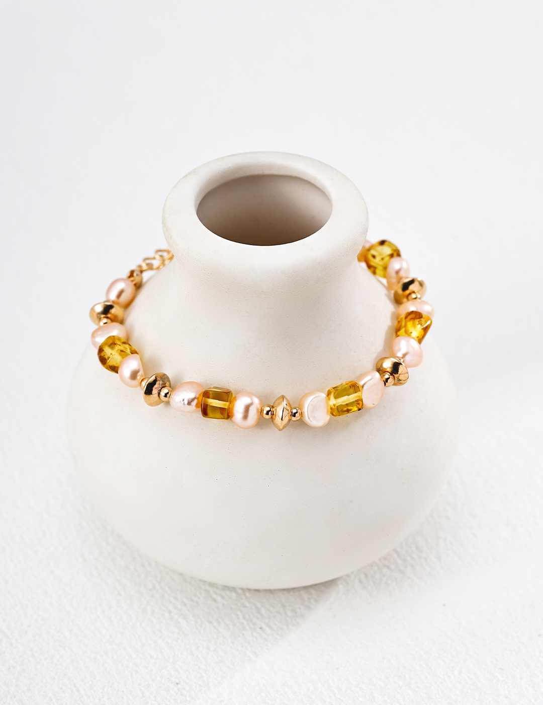 S925 Sterling Silver Natural Amber and Champagne Pearl Bracelet