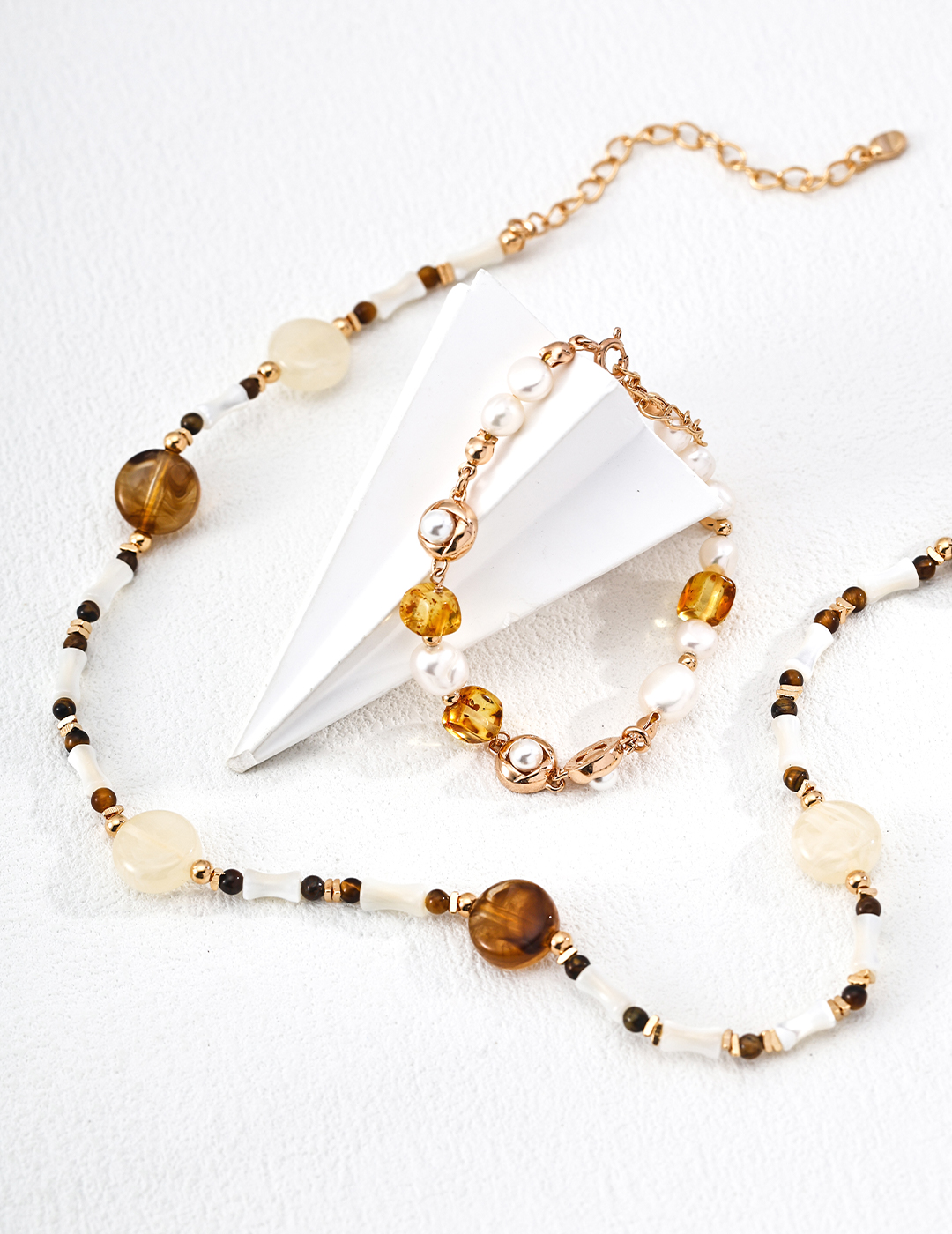 S925 Sterling Silver Natural Pearl and Amber Jewelry Set