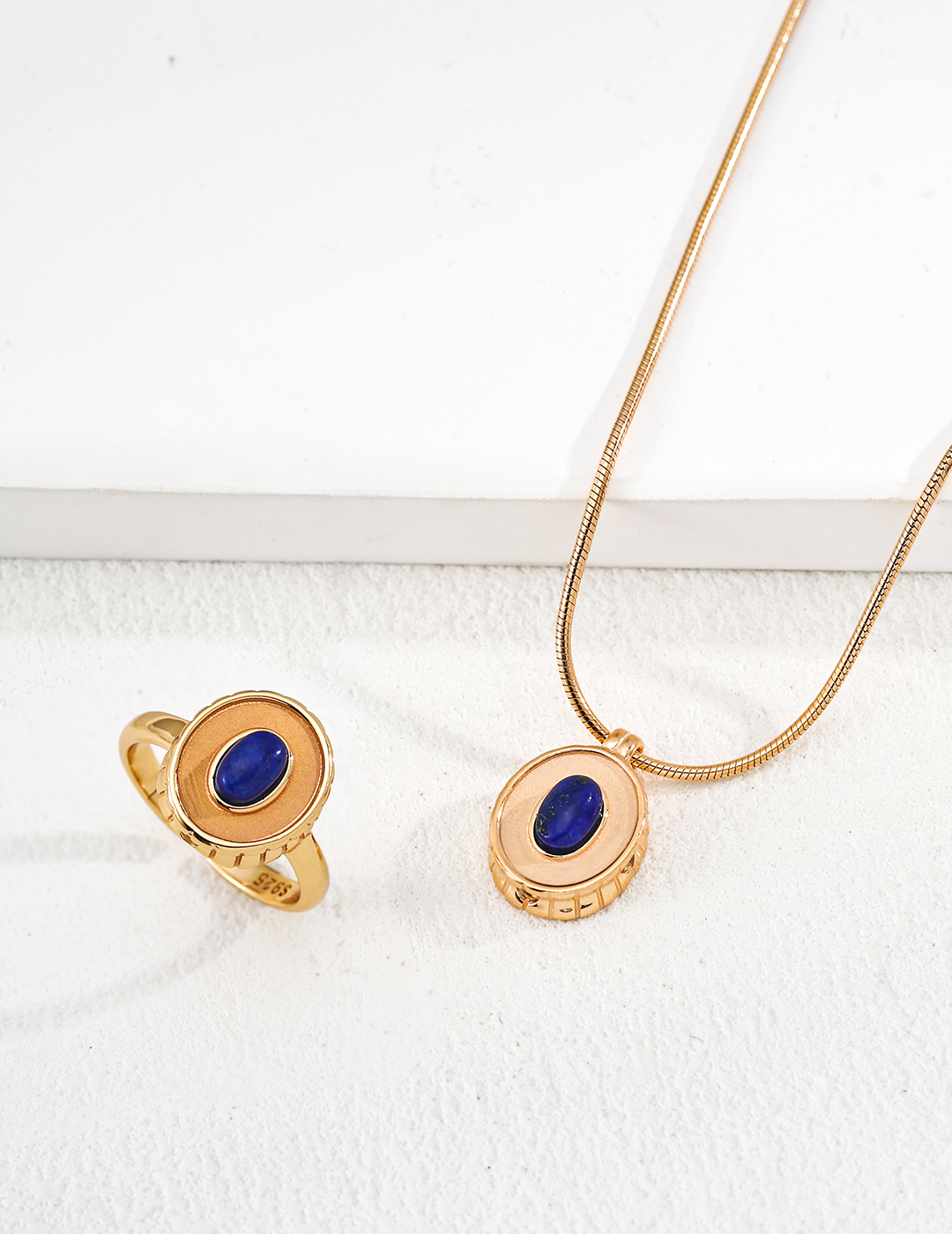 Minimalist sterling silver necklace and ring with lapis lazuli/agate/turquoise.