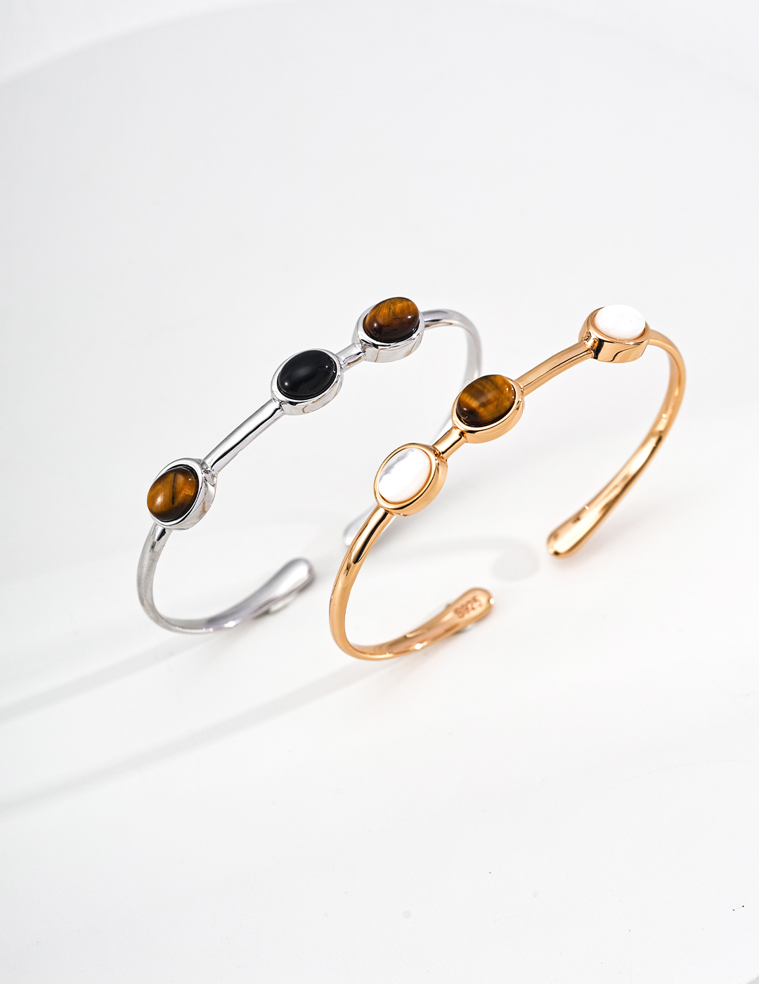 Sterling silver tiger's eye and mother-of-pearl wealth-attracting ring