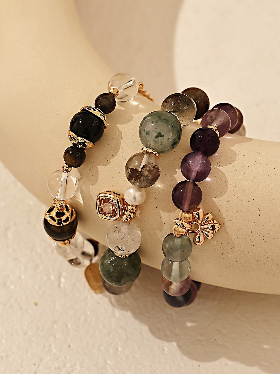 S925 Sterling Silver Fashionable Lucky Charm Bracelet with Tiger's Eye, Black Onyx, and Crystal Beads