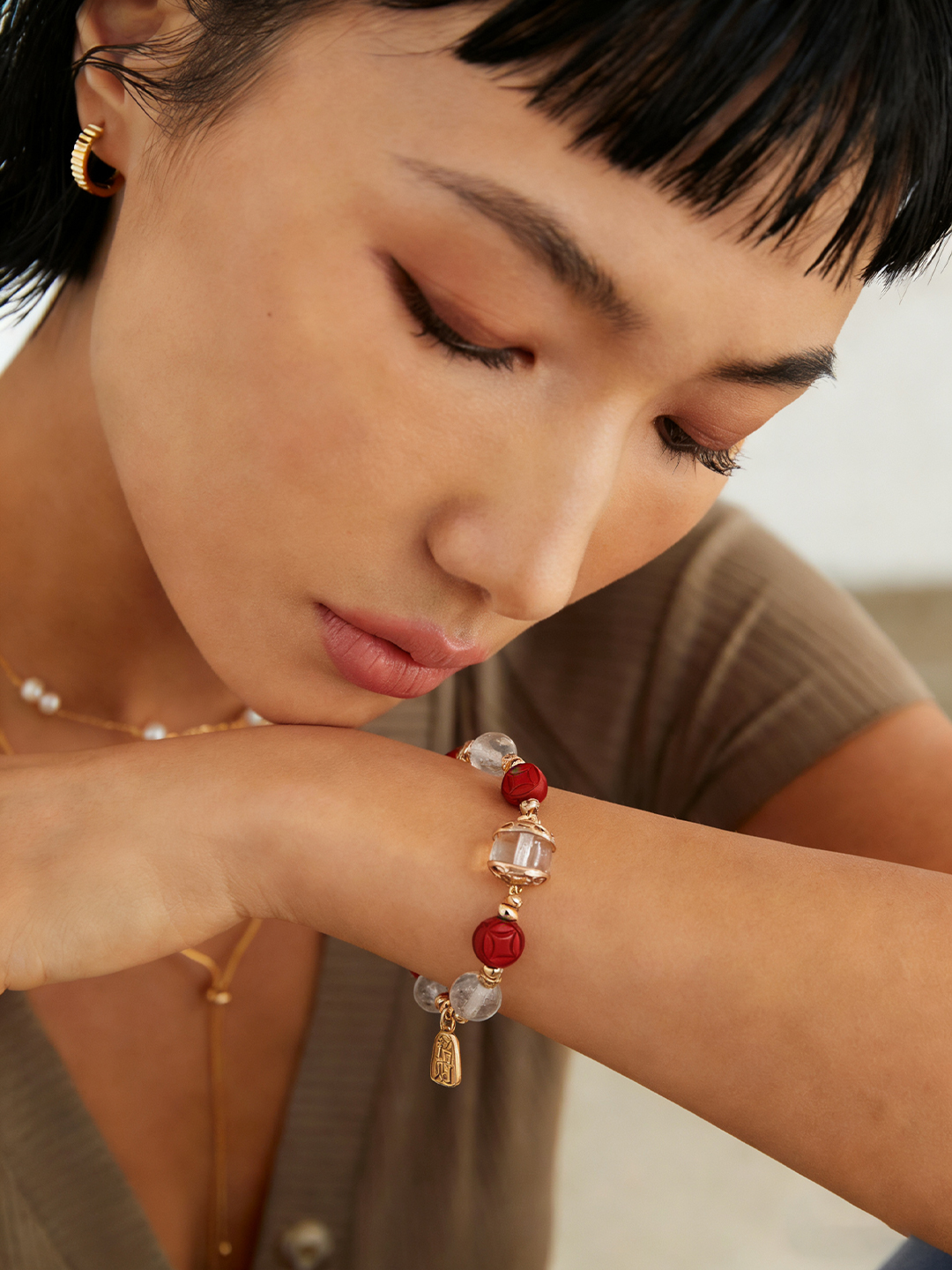 Cinnabar and white crystal bracelet