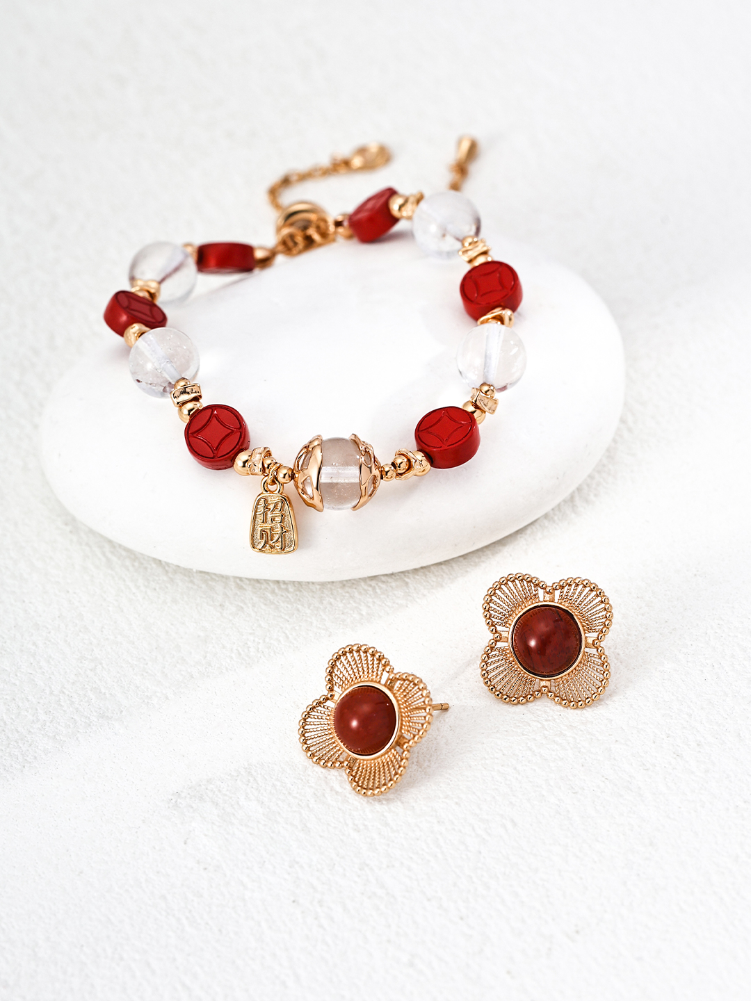 Cinnabar and white crystal bracelet