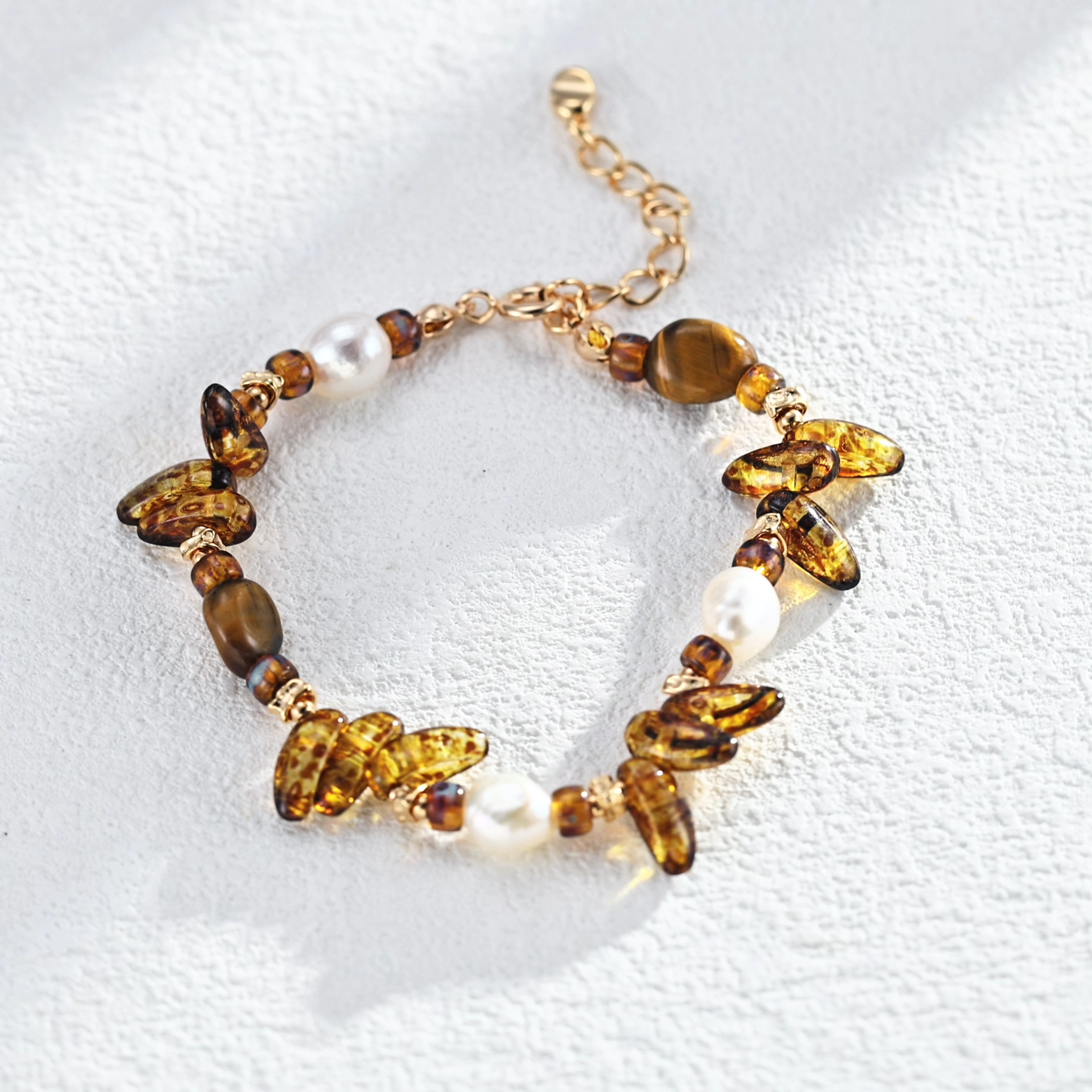 S925 sterling silver vintage bracelet with natural pearls, Czech glass beads, and tiger's eye stones.