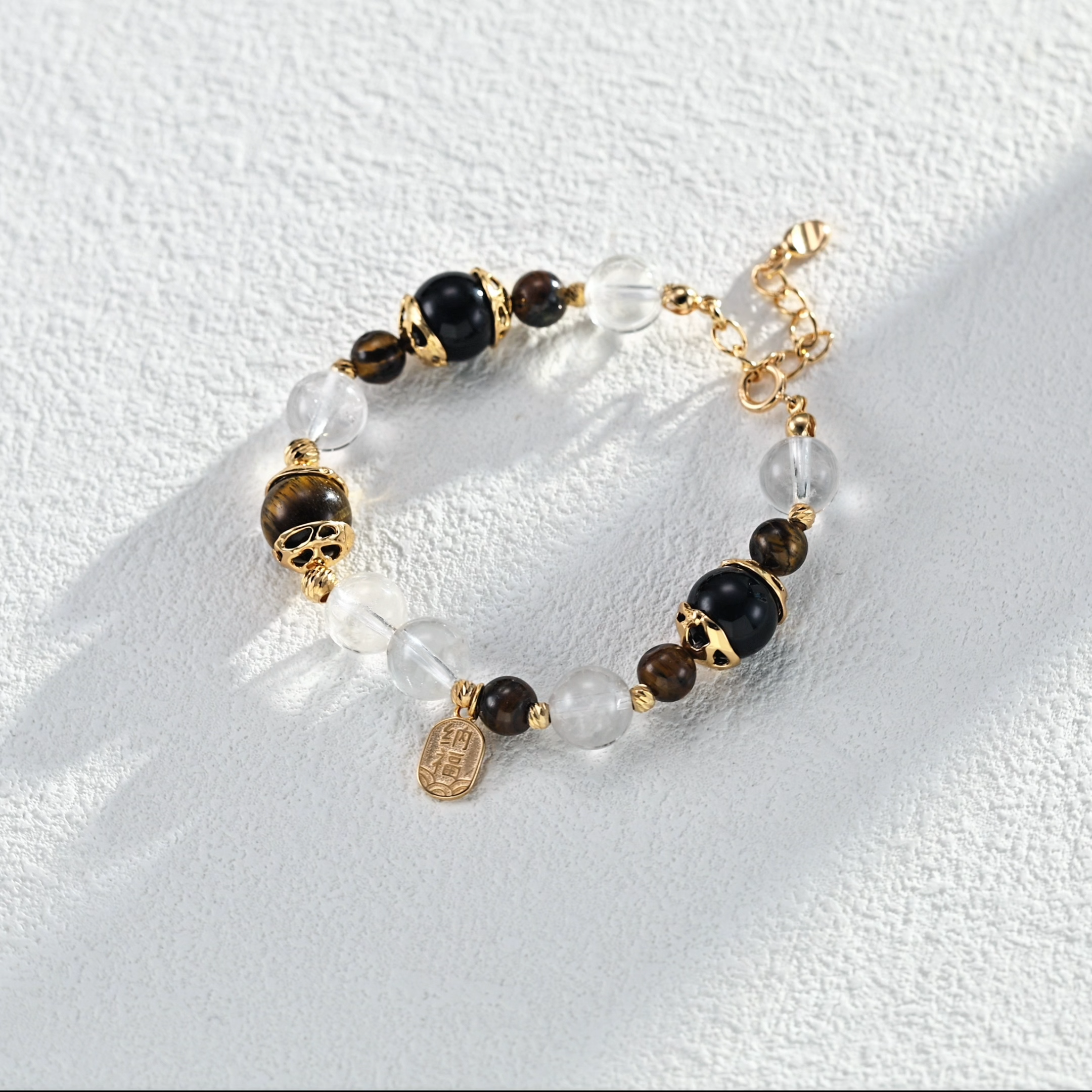 S925 Sterling Silver Fashionable Lucky Charm Bracelet with Tiger's Eye, Black Onyx, and Crystal Beads