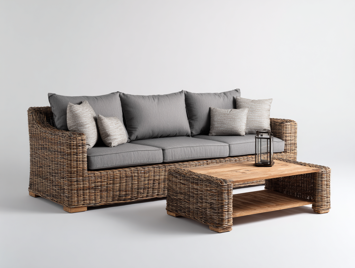 Outdoor Sofa rattan frame 84x32x30 (inches) - natural-gray - modern outdoor lounge set-Nookuplab