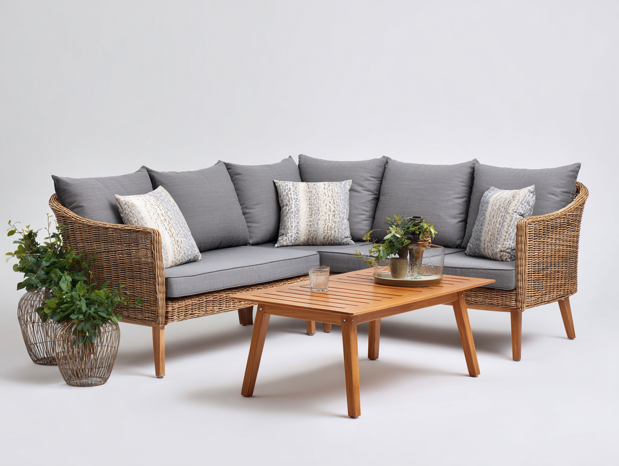 Outdoor Sofa Wicker Frame Upholstered Seating with Coffee Table 72x72x30 inches - Natural Brown-Gray - Modern Outdoor Lounge Set-Nookuplab