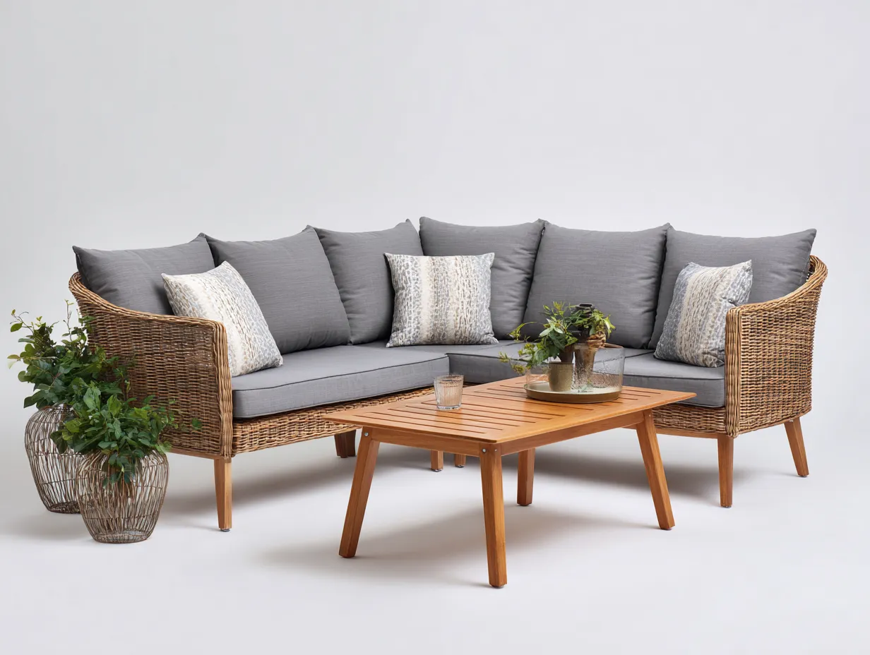 Outdoor Sofa Wicker Frame Upholstered Seating with Coffee Table 72x72x30 inches - Natural Brown-Gray - Modern Outdoor Lounge Set-Nookuplab