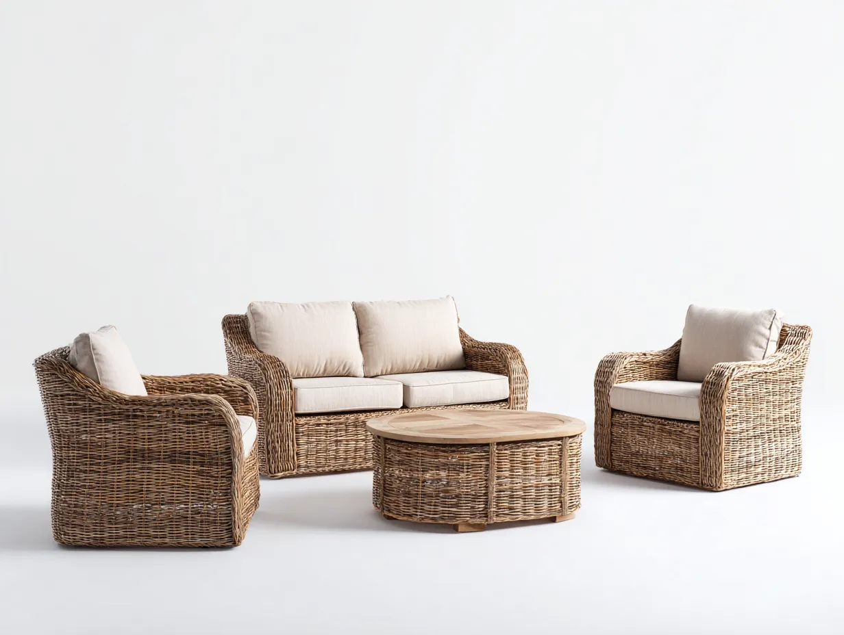 Outdoor Sofa Wicker Frame Upholstered Seating with Round Coffee Table 86x86x32 inches - Natural Brown-Beige - Modern Outdoor Lounge Set-Nookuplab