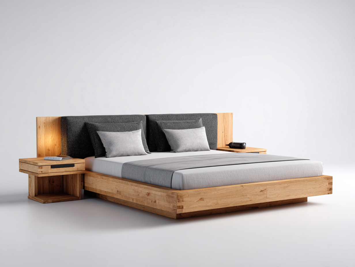 Letto matrimoniale in legno naturale con testiera imbottita 210x170x95 cm - design moderno-Havenmybase