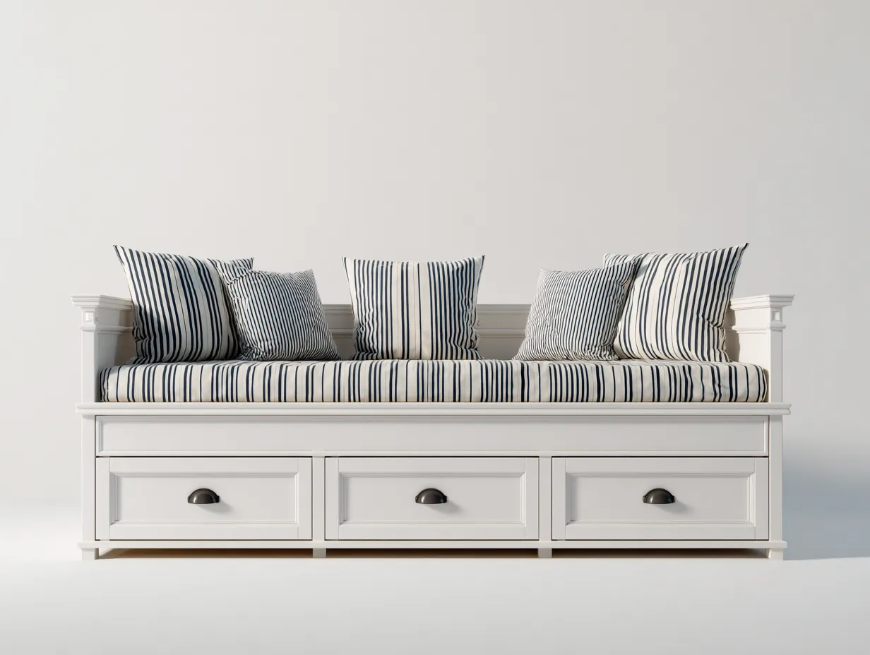 Schlafsofa-Stoff-Massivholz-201x93x80 cm-Weiss-Blau-maritimer Stil-Luxemyly