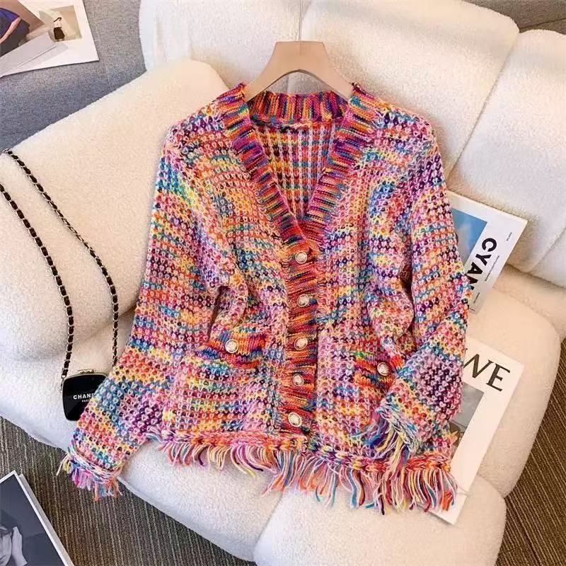 Multicolor Stripe Tassel Trim Cropped Jacke