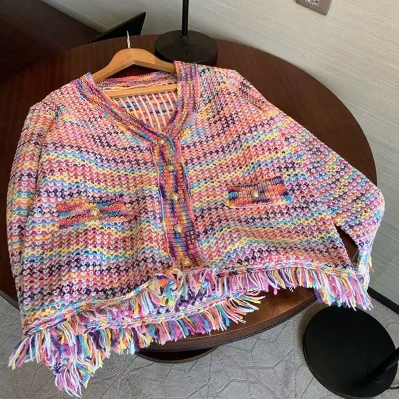 Multicolor Stripe Tassel Trim Cropped Jacke
