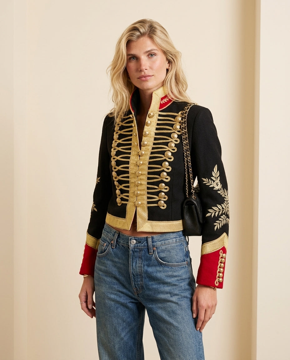 Black Velvet Summer Embroidered Jacket Black Jacket with Tailored silhouette and Textured texture, front view product image for Business Casual, an estate dinner at golden hour, US East / Hamptons Elite by ads.floravincie