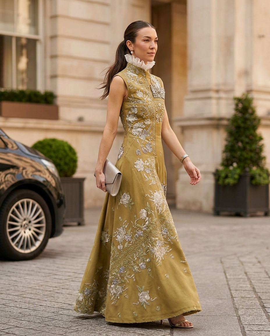 Olive Green Glow Summer Embroidered Maxi Dress Olive Green Maxi Dress with Asymmetric silhouette and Linen Blend texture, front view product image for Resort Dinner, Weekend in The Hamptons, US East / Hamptons Elite by ads.floravincie