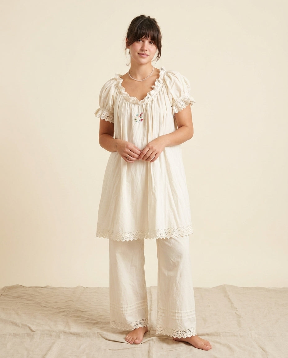 Ivory Allure Lounge Eyelet Pant Set Ivory Pant Set with Wide-Leg silhouette and Textured texture, front view product image for Resort Brunch, an estate dinner at golden hour, US East / Hamptons Elite by ads.floravincie