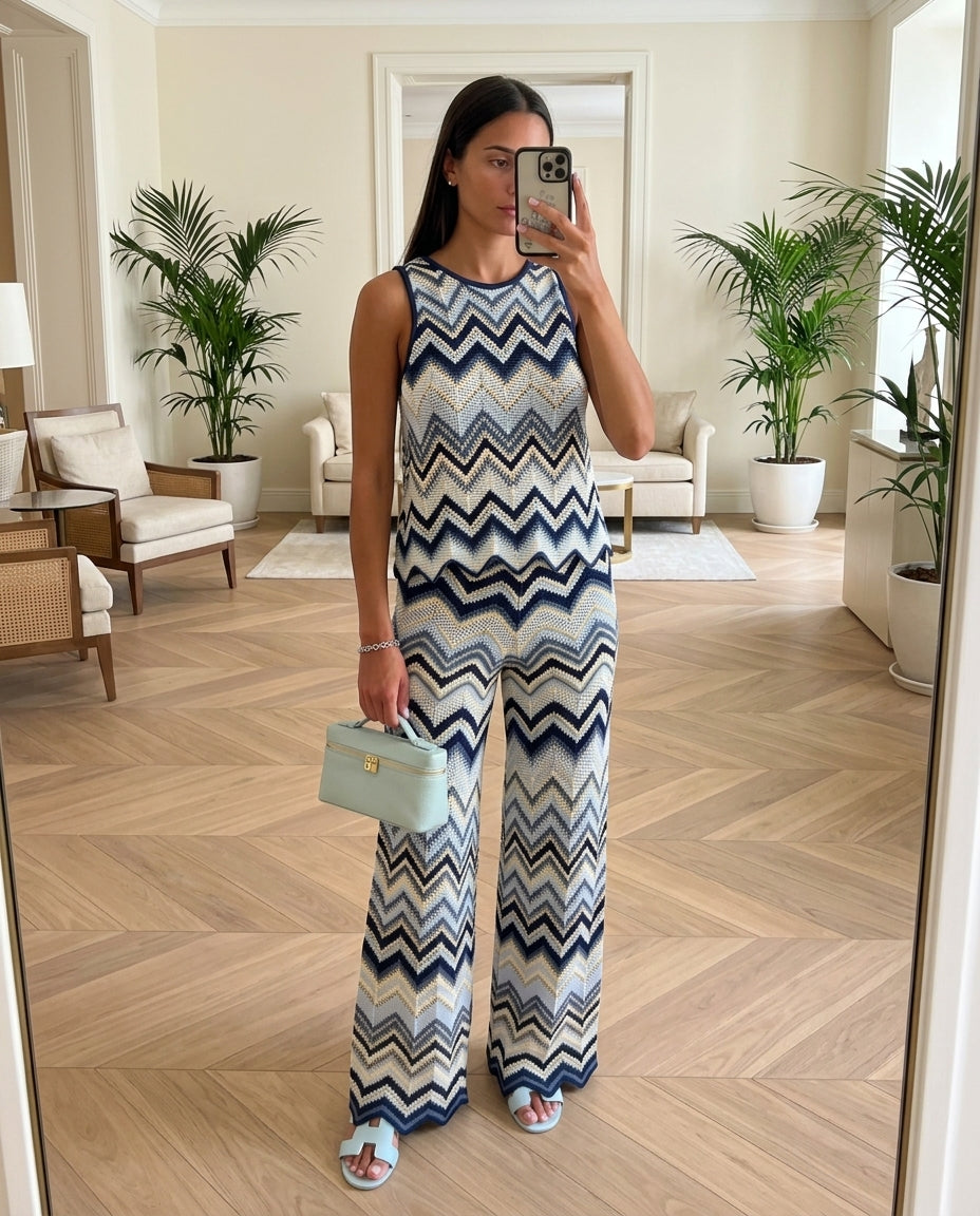 Blue Bloom Resort Ribbed Two-Piece Set Blue Two-Piece Set with Asymmetric silhouette and Ribbed Knit texture, front view product image for Resort Wear, Evening in Amalfi, Euro Chic Premium by ads.floravincie