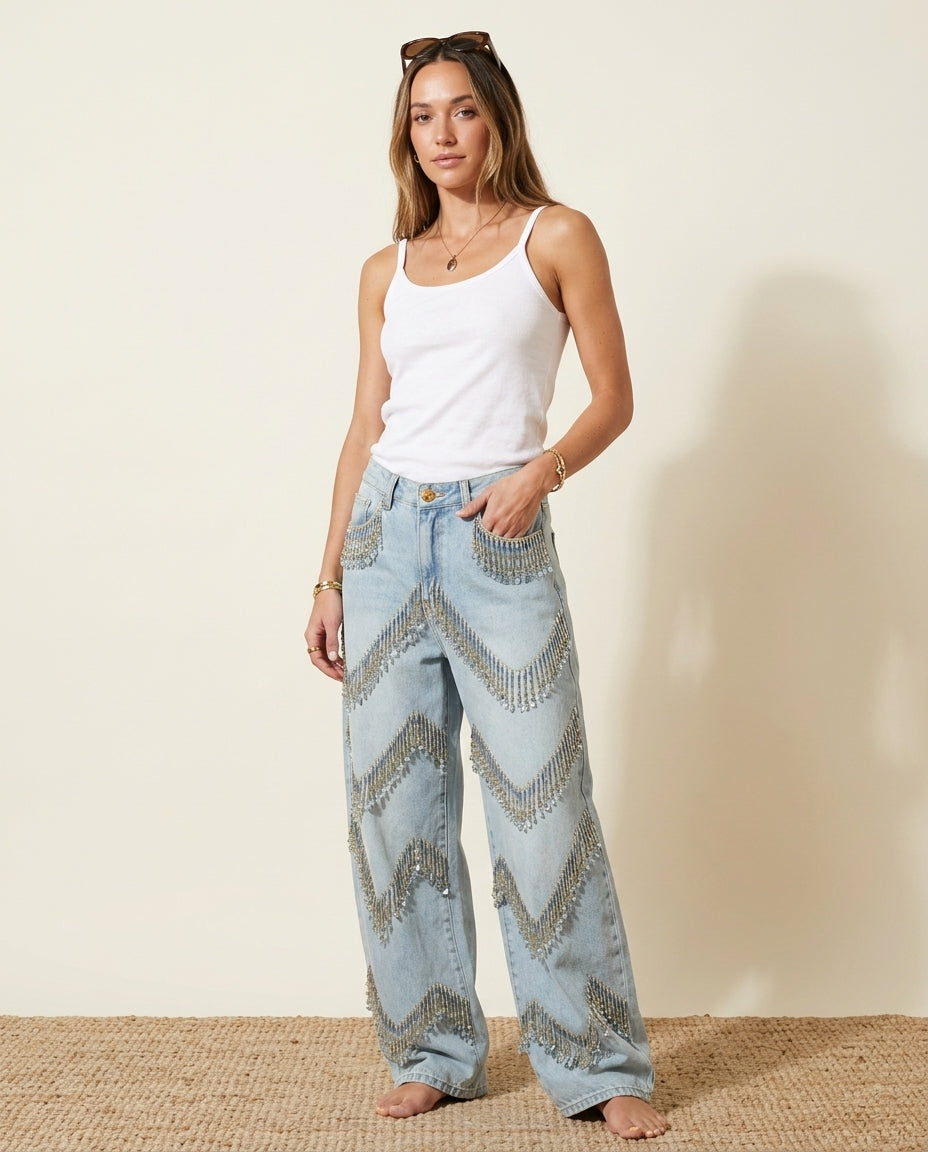 Light Blue Denim Charm Denim Pants Light Blue Denim Pants with Asymmetric silhouette and Textured texture, front view product image for Travel Outfit, a gallery opening in Paris, Euro Chic Premium by ads.floravincie