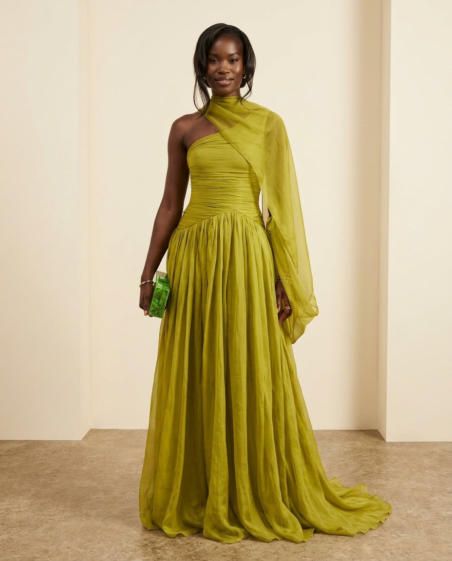 Sage Velvet Evening Ruched Maxi Dress Sage Maxi Dress with Asymmetric silhouette and Textured texture, front view product image for Date Night, Sunset in Malibu, US Coastal Glam by Mesadic