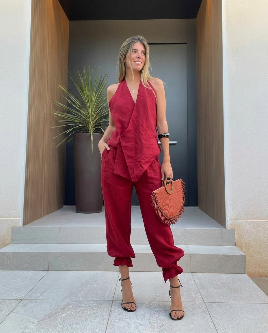 Rust Grace Resort Ruffled Pant Set Rust Pant Set with Asymmetric silhouette and Linen Blend texture, front view product image for Resort Wear, a Palm Springs weekend, US Coastal Glam by Mesadic