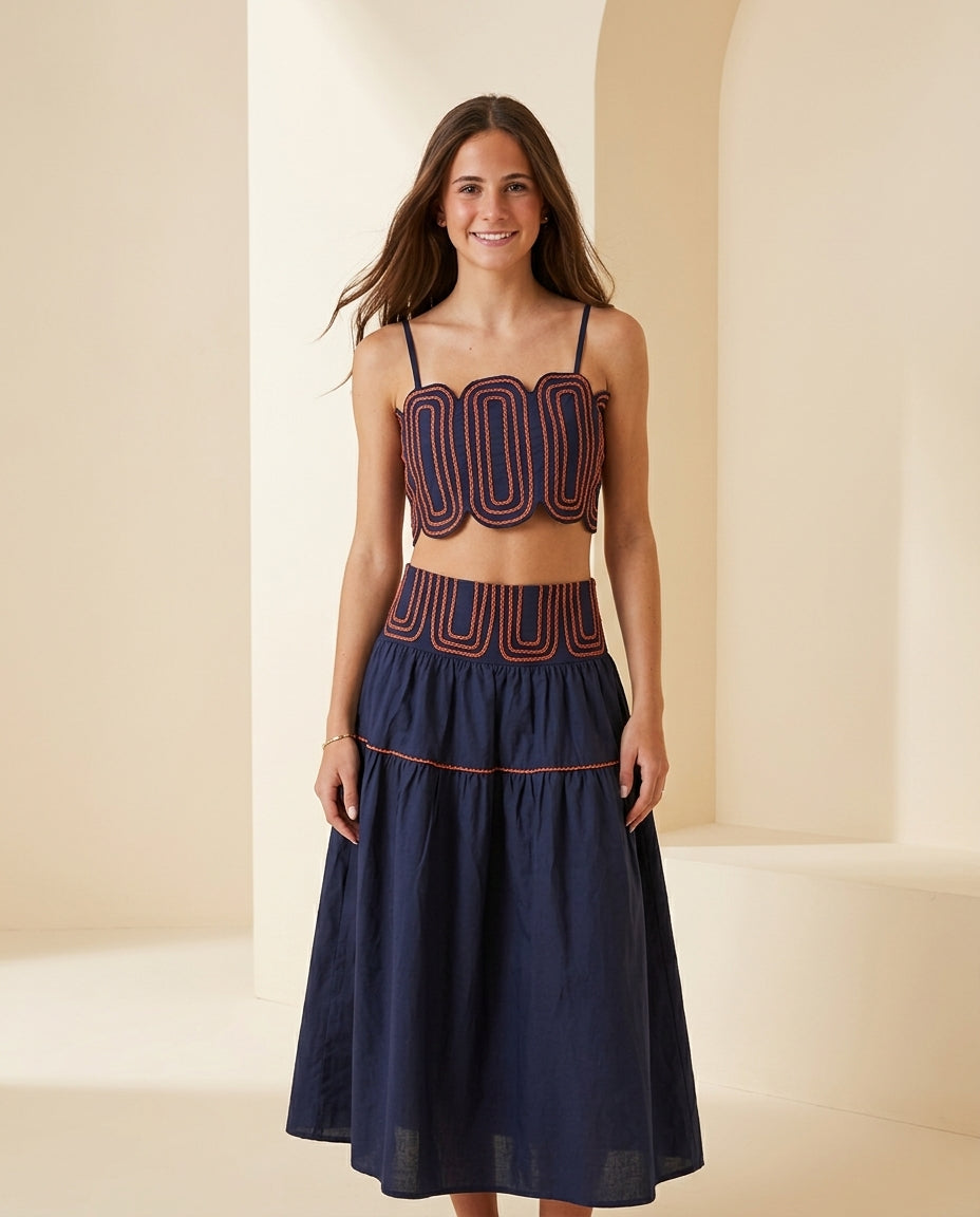 Navy Solace Resort Embroidered Skirt Set Navy Skirt Set with Asymmetric silhouette and Textured texture, front view product image for Resort Wear, Weekend in The Hamptons, US East / Hamptons Elite by Mesadic
