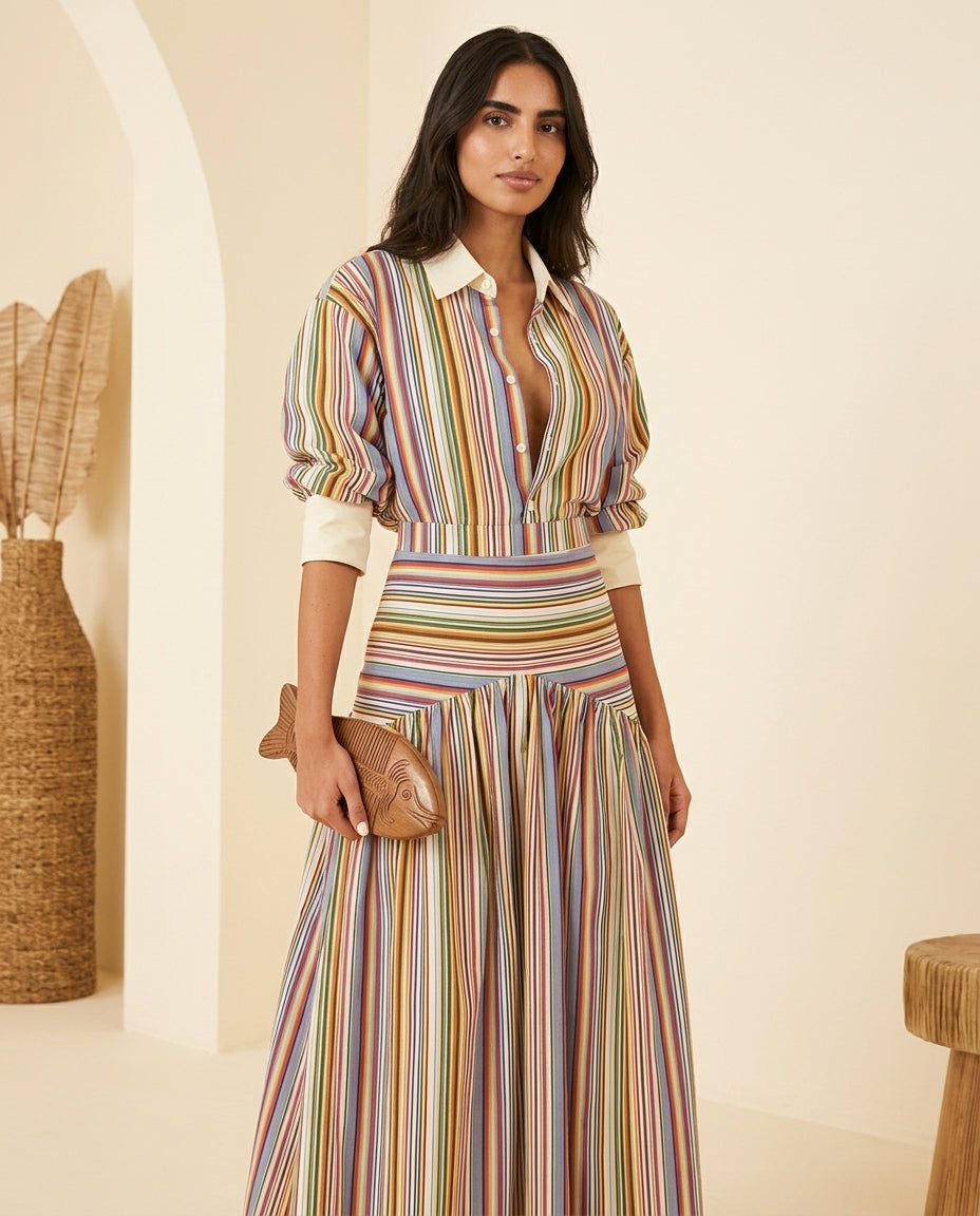 Multicolor Muse Striped Skirt Set Multicolor Skirt Set with Asymmetric silhouette and Textured texture, front view product image for Beach Dinner, a private garden lunch, US East / Hamptons Elite by Mesadic