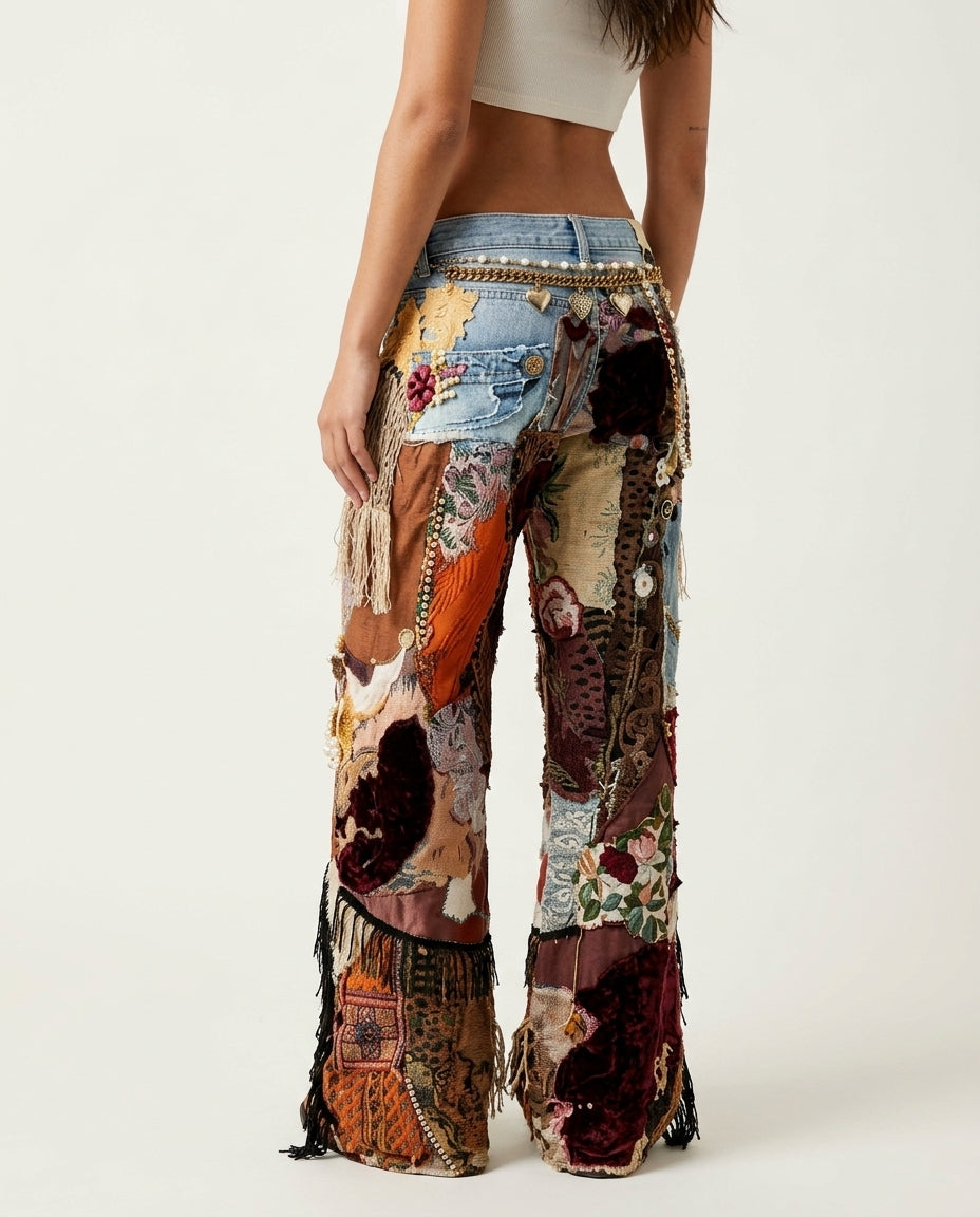 Multi-Color Solace Summer Lace Pants Multi-Color Pants with Wide-Leg silhouette and Textured texture, front view product image for Business Casual, a gallery opening in Paris, Euro Chic Premium by ads.floravincie
