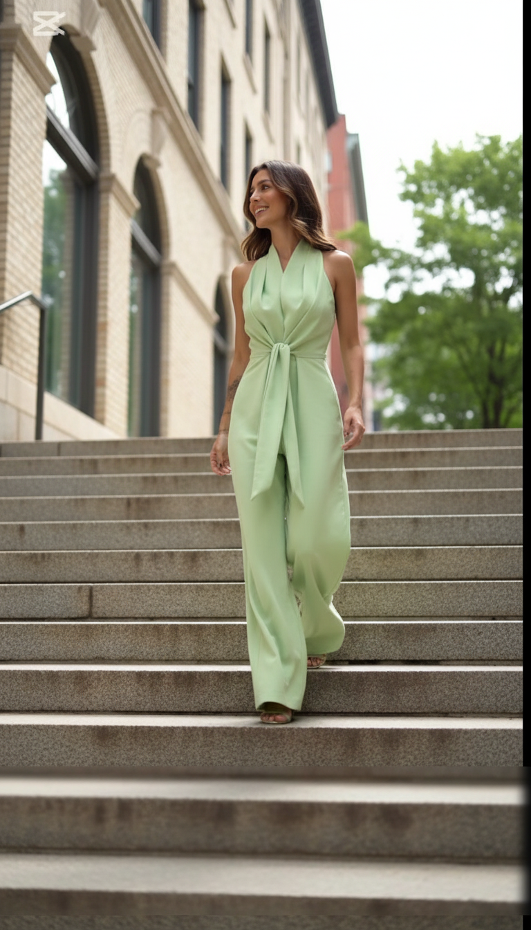Light Green V-Neck Wide-Leg Tie Waist Wide-Leg Jumpsuit product image 1