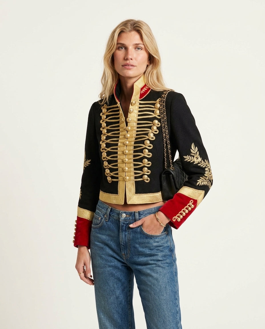 Black Velvet Summer Embroidered Jacket Black Jacket with Tailored silhouette and Textured texture, clean studio product view for Business Casual, an estate dinner at golden hour, US East / Hamptons Elite by ads.floravincie
