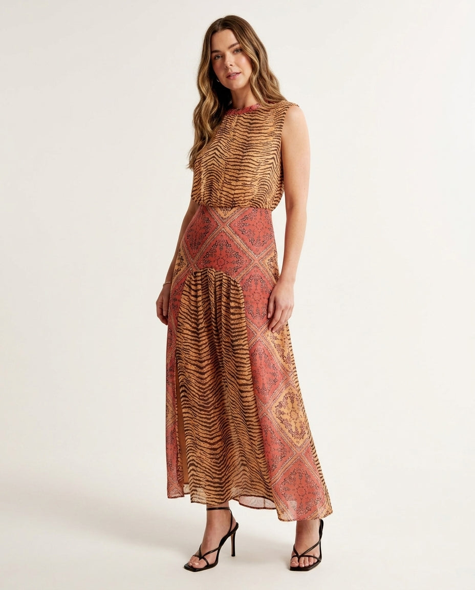 Sand Aura Resort Printed Maxi Dress Sand Maxi Dress with Relaxed Fit silhouette and Textured texture, clean studio product view for Resort Wear, a London dinner reservation, Euro Chic Premium by ads.floravincie
