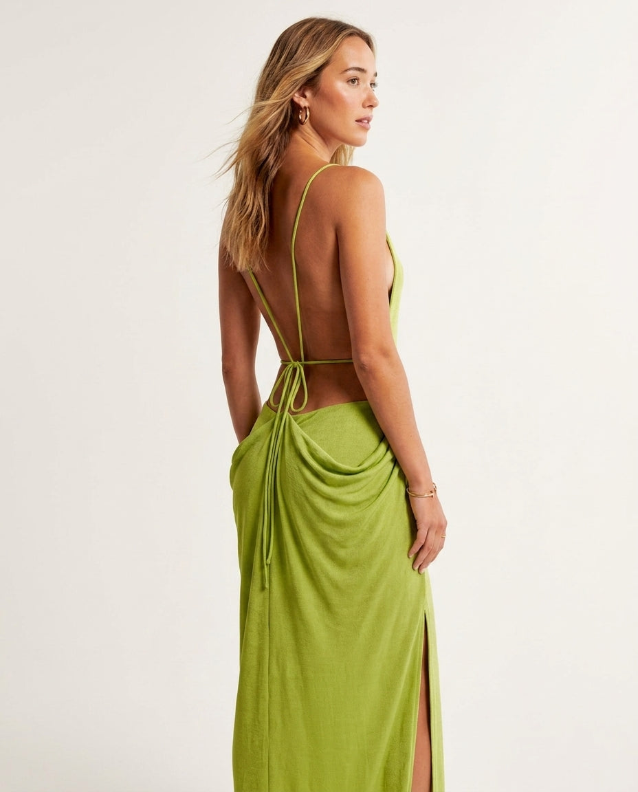 Lime Gleam Resort Maxi Dress Lime Maxi Dress with Relaxed Fit silhouette and Ribbed Knit texture, clean studio product view for Resort Wear, a gallery opening in Paris, Euro Chic Premium by ads.floravincie