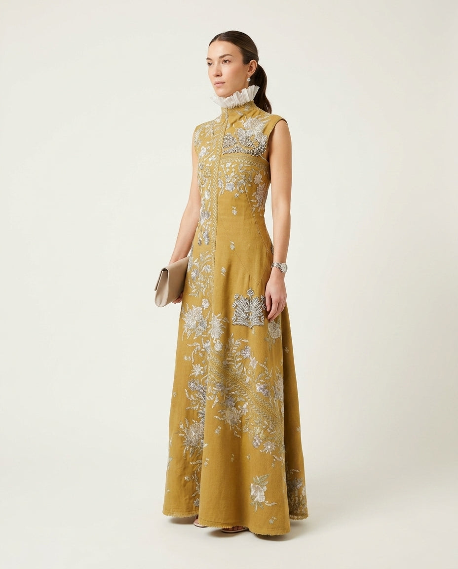 Olive Green Glow Summer Embroidered Maxi Dress Olive Green Maxi Dress with Asymmetric silhouette and Linen Blend texture, clean studio product view for Resort Dinner, Weekend in The Hamptons, US East / Hamptons Elite by ads.floravincie