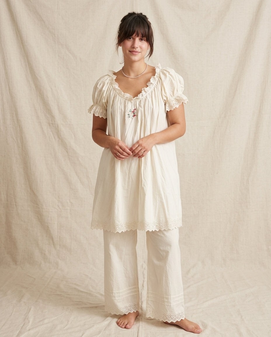 Ivory Allure Lounge Eyelet Pant Set Ivory Pant Set with Wide-Leg silhouette and Textured texture, clean studio product view for Resort Brunch, an estate dinner at golden hour, US East / Hamptons Elite by ads.floravincie