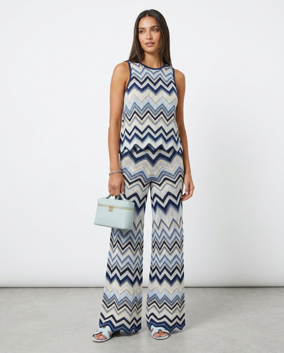 Blue Bloom Resort Ribbed Two-Piece Set Blue Two-Piece Set with Asymmetric silhouette and Ribbed Knit texture, clean studio product view for Resort Wear, Evening in Amalfi, Euro Chic Premium by ads.floravincie
