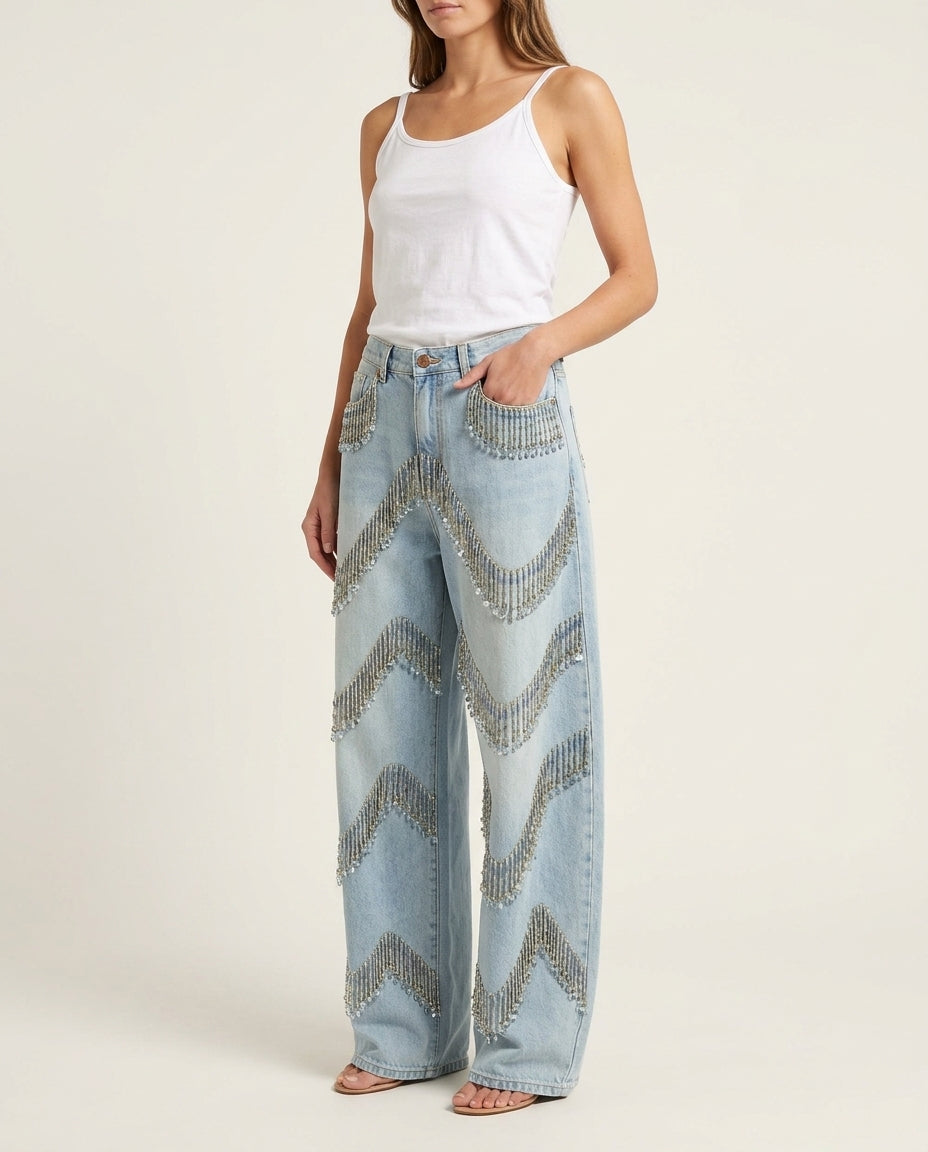 Light Blue Denim Charm Denim Pants Light Blue Denim Pants with Asymmetric silhouette and Textured texture, clean studio product view for Travel Outfit, a gallery opening in Paris, Euro Chic Premium by ads.floravincie