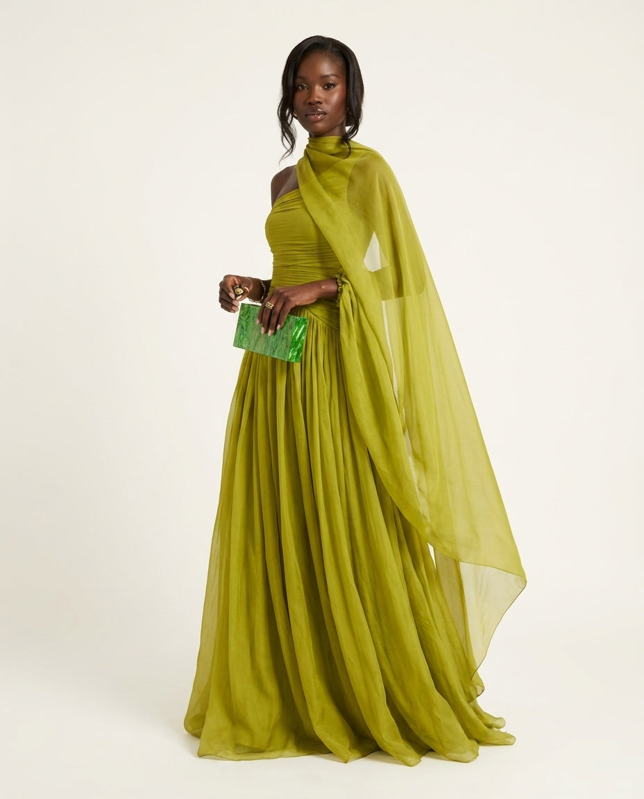 Sage Velvet Evening Ruched Maxi Dress Sage Maxi Dress with Asymmetric silhouette and Textured texture, clean studio product view for Date Night, Sunset in Malibu, US Coastal Glam by Mesadic