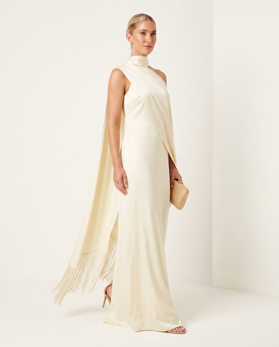 Ivory Poise Evening Fringe Maxi Dress Ivory Maxi Dress with Asymmetric silhouette and Textured texture, clean studio product view for Date Night, a private garden lunch, US East / Hamptons Elite by Mesadic