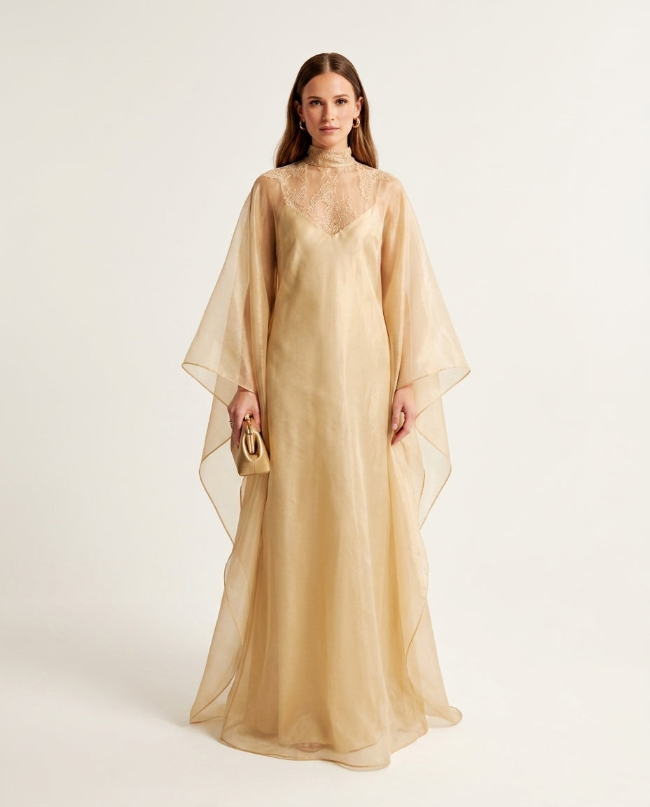 Gold Charm Evening Lace Maxi Dress Gold Maxi Dress with Asymmetric silhouette and Textured texture, clean studio product view for Date Night, a gallery opening in Paris, Euro Chic Premium by Mesadic